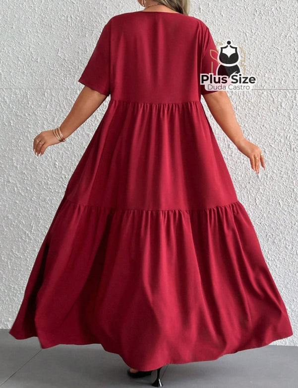 Vestido Longo Solto Plus Size Extra Decote Em V Manga Curta