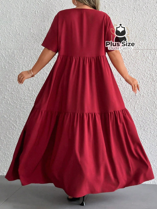 Vestido Longo Solto Plus Size Extra Decote Em V Manga Curta