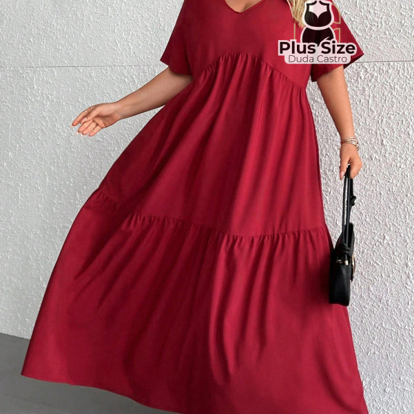 Vestido Longo Solto Plus Size Extra Decote Em V Manga Curta G5