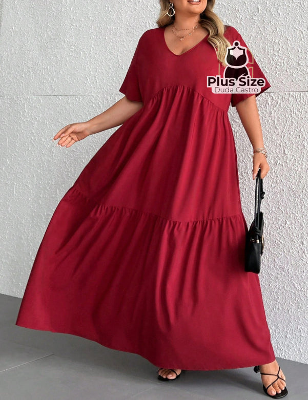 Vestido Longo Solto Plus Size Extra Decote Em V Manga Curta G5