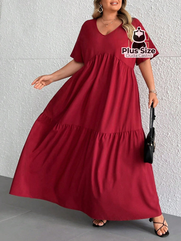 Vestido Longo Solto Plus Size Extra Decote Em V Manga Curta G5