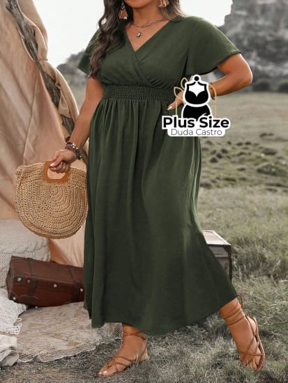 Vestido Longo Verde Com Fenda Lateral Plus Size Extra G5