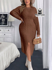 Vestido Manga Longa com Fenda Plus Size Várias Cores G / Café Vestido Manga Longa com Fenda Plus Size Várias Cores