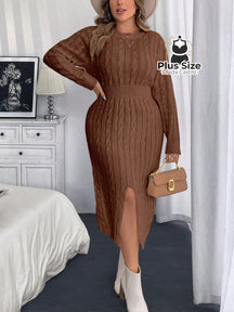 Vestido Manga Longa com Fenda Plus Size Várias Cores G / Café Vestido Manga Longa com Fenda Plus Size Várias Cores