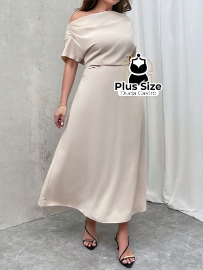 Vestido Midi Com Abertura Nos Ombros Plissado Plus Size Vestidos Size