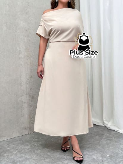 Vestido Midi Com Abertura Nos Ombros Plissado Plus Size Vestidos Size