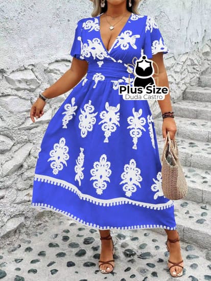 Vestido Midi Decote Em V E Cintura Ajustável Várias Estampas Plus Size G / Azul Vestidos Size