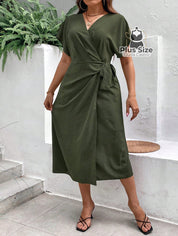 Vestido Midi Liso Transpassado Plus Size Várias Cores