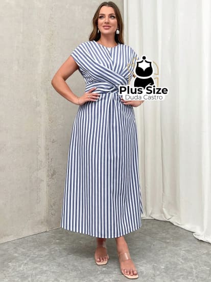 Vestido Midi Listrado Cruzado Na Parte Da Frente Estilo Evasê Plus Size Vestidos Size