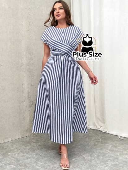 Vestido Midi Listrado Cruzado Na Parte Da Frente Estilo Evasê Plus Size Vestidos Size