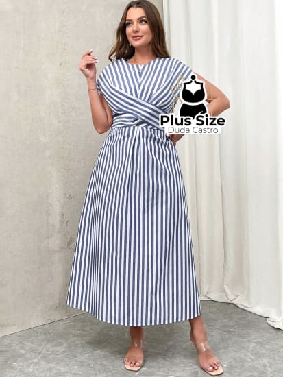 Vestido Midi Listrado Cruzado Na Parte Da Frente Estilo Evasê Plus Size Vestidos Size