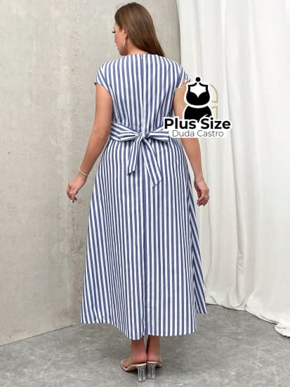 Vestido Midi Listrado Cruzado Na Parte Da Frente Estilo Evasê Plus Size Vestidos Size