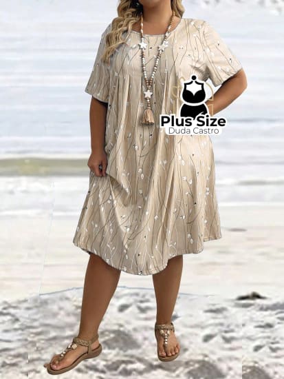 Vestido Midi Soltinho Com Bolsos E Estampa De Folhagem Plus Size