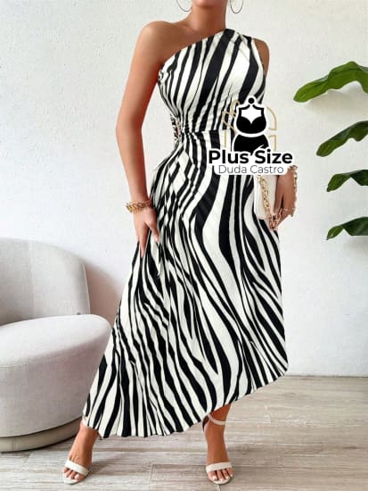 Vestido Plissado Ombro Assimétrico Em Plus Size Várias Cores G / Preto E Branco