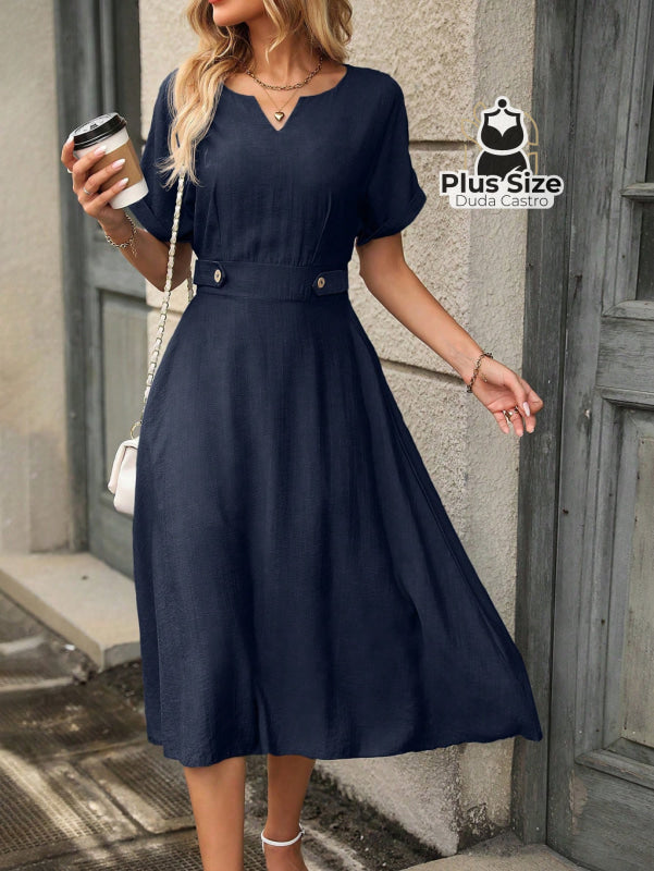 Vestido Plus Size Acinturado Com Decote Vazado G / Azul Marinho