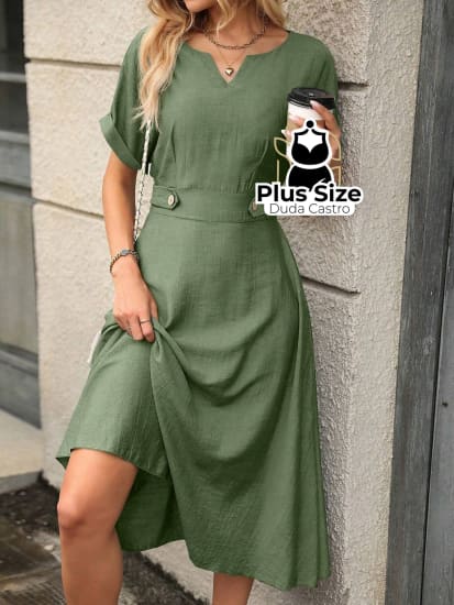 Vestido Plus Size Acinturado Com Decote Vazado G / Verde