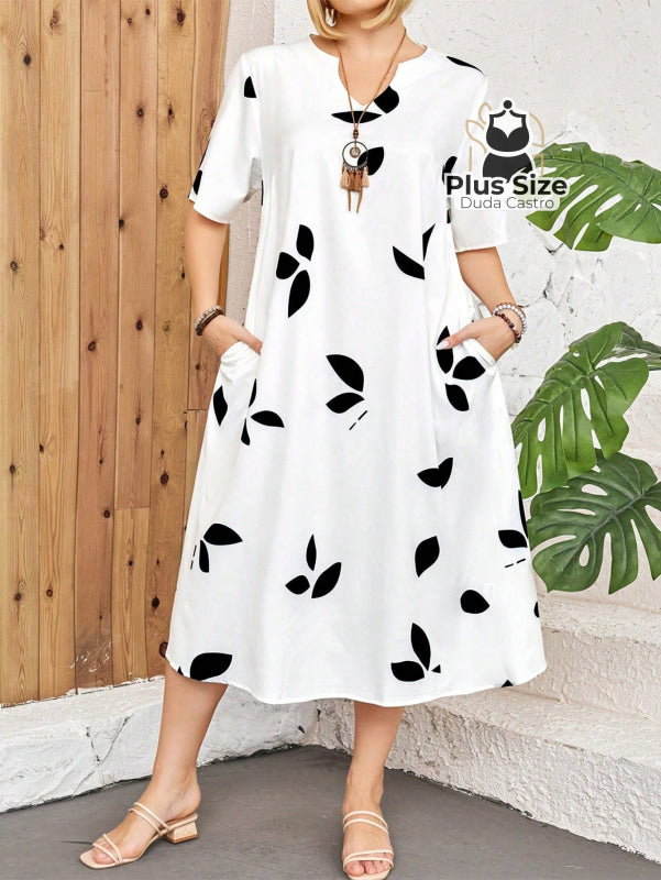 Vestido Plus Size Estampa De Folhas Decote Várias Cores
