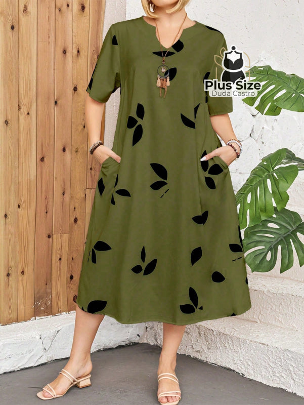 Vestido Plus Size Estampa De Folhas Decote Várias Cores