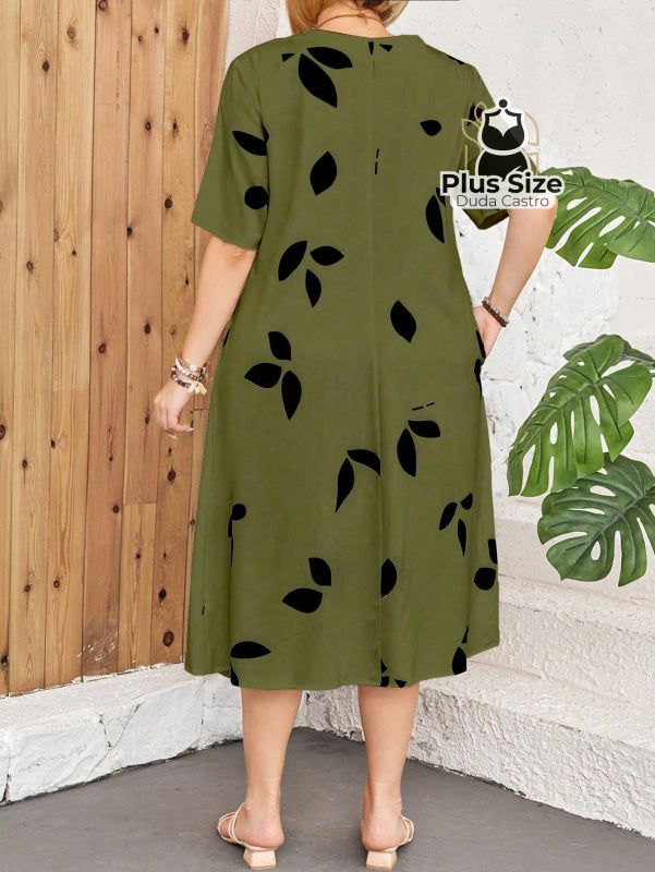 Vestido Plus Size Estampa De Folhas Decote Várias Cores