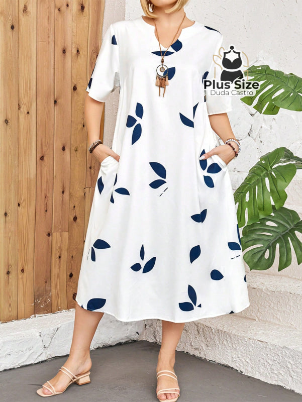 Vestido Plus Size Estampa De Folhas Decote Várias Cores