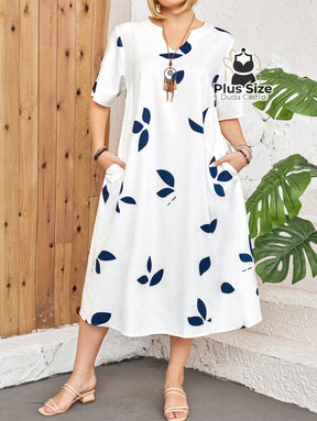 Vestido Plus Size Estampa De Folhas Decote Várias Cores