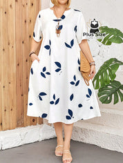Vestido Plus Size Estampa De Folhas Decote Várias Cores