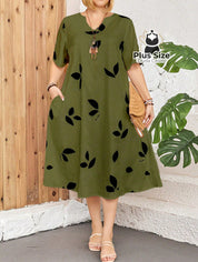 Vestido Plus Size Estampa De Folhas Decote Várias Cores