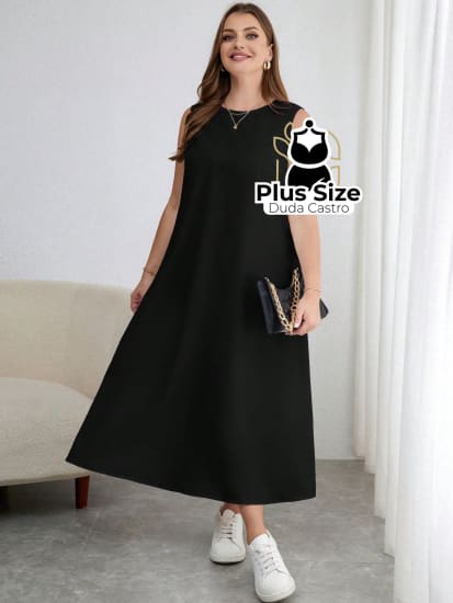 Vestido Plus Size Midi Solto Com Decote Dedondo