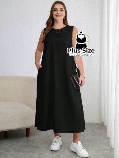 Vestido Plus Size Midi Solto Com Decote Dedondo