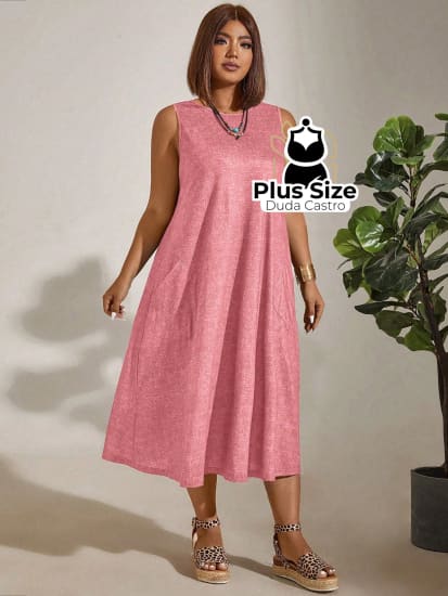 Vestido Plus Size Sem Mangas Com Decote Redondo E Bolsos Várias Cores Vestidos Size