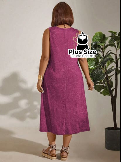 Vestido Plus Size Sem Mangas Com Decote Redondo E Bolsos Várias Cores Vestidos Size