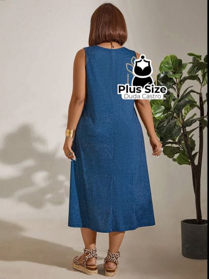 Vestido Plus Size Sem Mangas Com Decote Redondo E Bolsos Várias Cores Vestidos Size