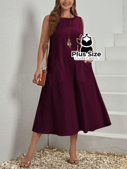 Vestido Plus Size Sem Mangas Com Decote Redondo E Bolsos Várias Cores Vestidos Size