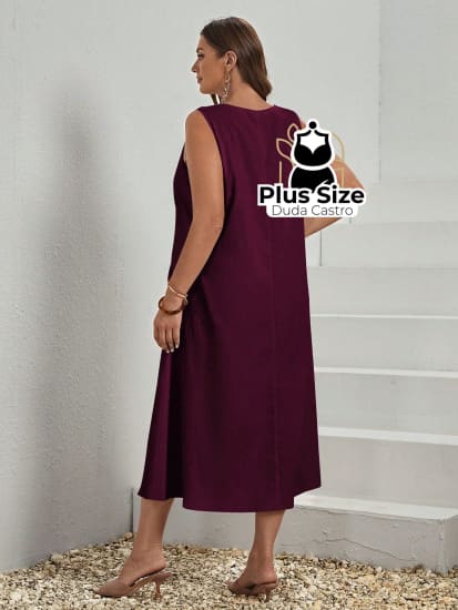 Vestido Plus Size Sem Mangas Com Decote Redondo E Bolsos Várias Cores Vestidos Size