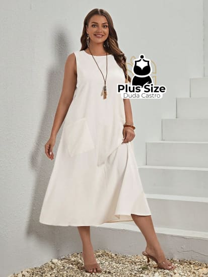 Vestido Plus Size Sem Mangas Com Decote Redondo E Bolsos Várias Cores Vestidos Size