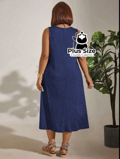 Vestido Plus Size Sem Mangas Com Decote Redondo E Bolsos Várias Cores Vestidos Size