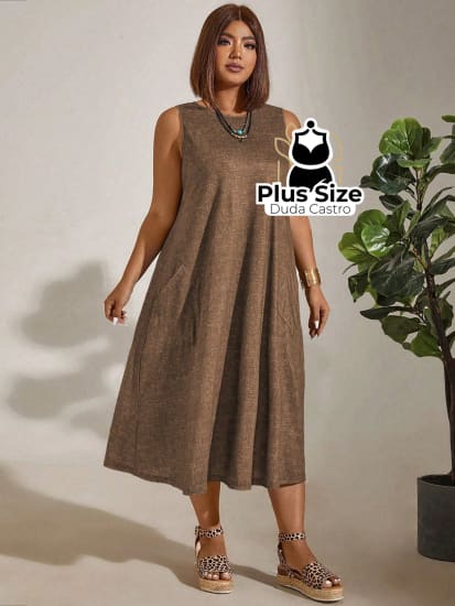 Vestido Plus Size Sem Mangas Com Decote Redondo E Bolsos Várias Cores Vestidos Size