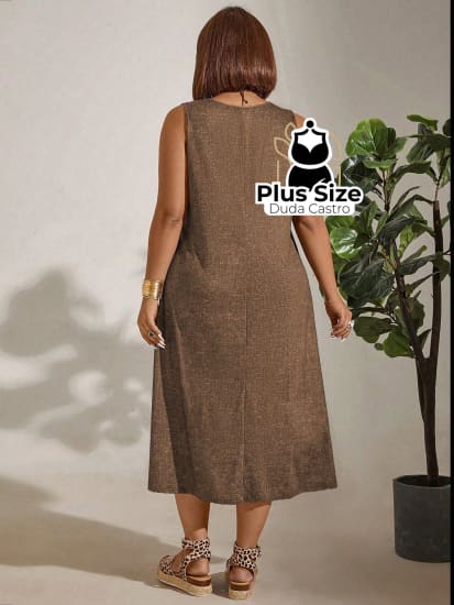 Vestido Plus Size Sem Mangas Com Decote Redondo E Bolsos Várias Cores Vestidos Size