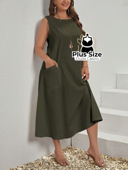 Vestido Plus Size Sem Mangas Com Decote Redondo E Bolsos Várias Cores Vestidos Size