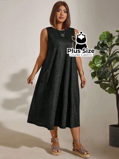 Vestido Plus Size Sem Mangas Com Decote Redondo E Bolsos Várias Cores Vestidos Size