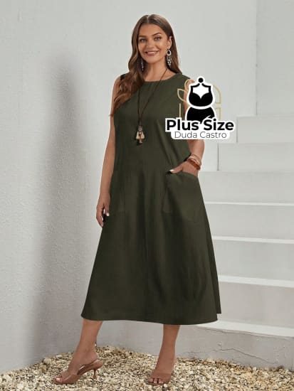 Vestido Plus Size Sem Mangas Com Decote Redondo E Bolsos Várias Cores Vestidos Size