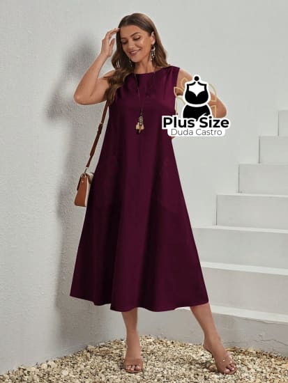 Vestido Plus Size Sem Mangas Com Decote Redondo E Bolsos Várias Cores Vestidos Size