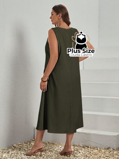 Vestido Plus Size Sem Mangas Com Decote Redondo E Bolsos Várias Cores Vestidos Size