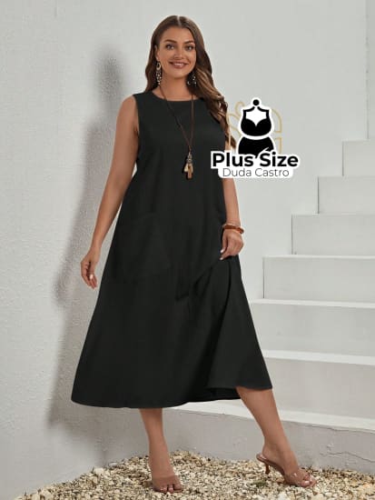 Vestido Plus Size Sem Mangas Com Decote Redondo E Bolsos Várias Cores Vestidos Size