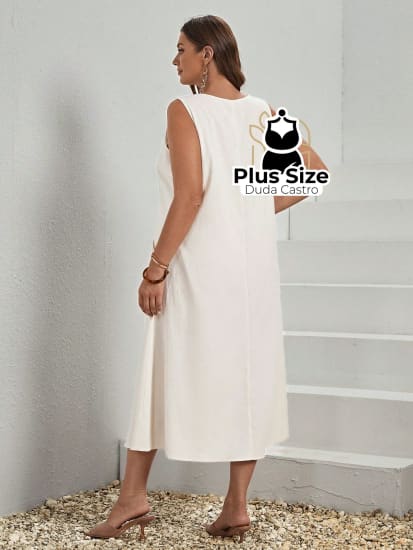 Vestido Plus Size Sem Mangas Com Decote Redondo E Bolsos Várias Cores Vestidos Size