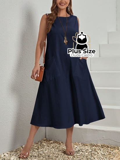 Vestido Plus Size Sem Mangas Com Decote Redondo E Bolsos Várias Cores Vestidos Size