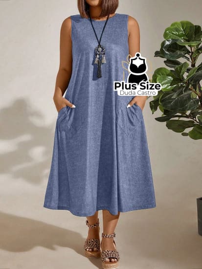 Vestido Plus Size Sem Mangas Com Decote Redondo E Bolsos Várias Cores G / Azul Empoeirado Vestidos