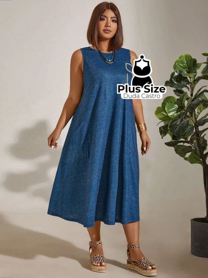 Vestido Plus Size Sem Mangas Com Decote Redondo E Bolsos Várias Cores G / Azul Marinho Vestidos Size