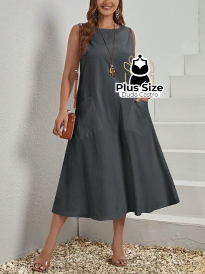 Vestido Plus Size Sem Mangas Com Decote Redondo E Bolsos Várias Cores G / Cinza Vestidos Size