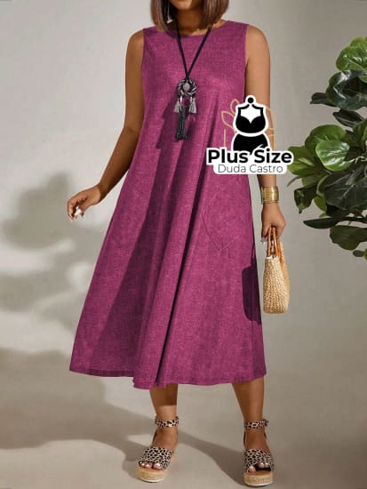 Vestido Plus Size Sem Mangas Com Decote Redondo E Bolsos Várias Cores G / Pink Vestidos Size